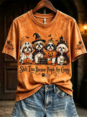 Women's Shih Tzus Because People Are Creepy Halloween Dogs Print short-sleeved T-shirt