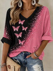 Women's Breast Cancer Mid-length Sleeves V-Neck T-Shirt