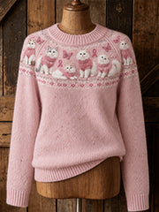 Women's Cat Pattern and Pink Charity Ribbon Design Casual Raglan Sleeve Sweater