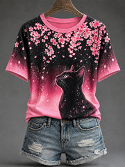 Women's Breast Cancer Awareness Cat Print Casual T-Shirt