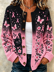 Women's Breast Cancer Awareness Cat Print Casual Cardigan