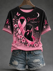 Women's Breast Cancer Awareness Cat Print Casual T-Shirt
