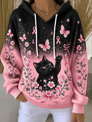 Women's Breast Cancer Awareness Cat Print Casual Hoodie