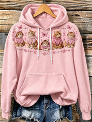 Women's Cat Pattern and Pink Charity Ribbon Design Casual Hoodie