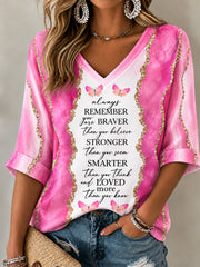 Women's Breast Cancer Awareness Pink Ribbon Support Mid-length Sleeves V-Neck T-Shirt