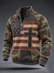 Men's American Flag Cross Camouflage Print Zip-Up Hoodie