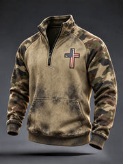 Men's American Flag Cross Camouflage Print Zip Pocket Hoodie
