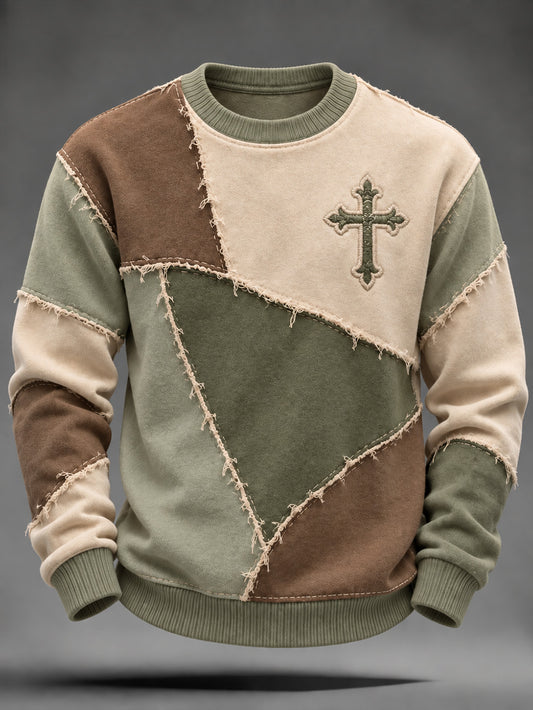 Men's Faith-Themed Color Block Patchwork Design Casual Round-Neck Sweatshirt