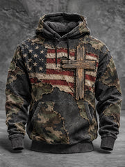Men's American Flag Cross Camouflage Print Oversized Drop-Shoulder Hoodie With Pockets