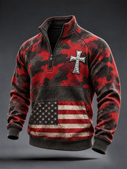 Men's American Flag Cross Camouflage Print Zip-Up Hoodie