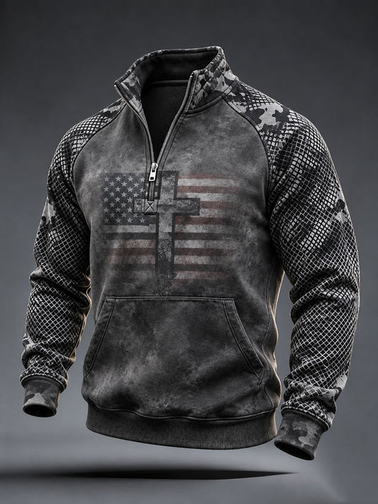 Men's American Flag Cross Camouflage Print Zip Pocket Hoodie
