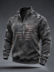 Men's American Flag Cross Camouflage Print Zip Pocket Hoodie