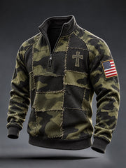 Men's American Flag Cross Camouflage Print Zip-Up Hoodie
