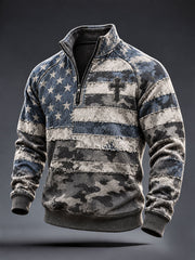 Men's American Flag Cross Camouflage Print Zip-Up Hoodie
