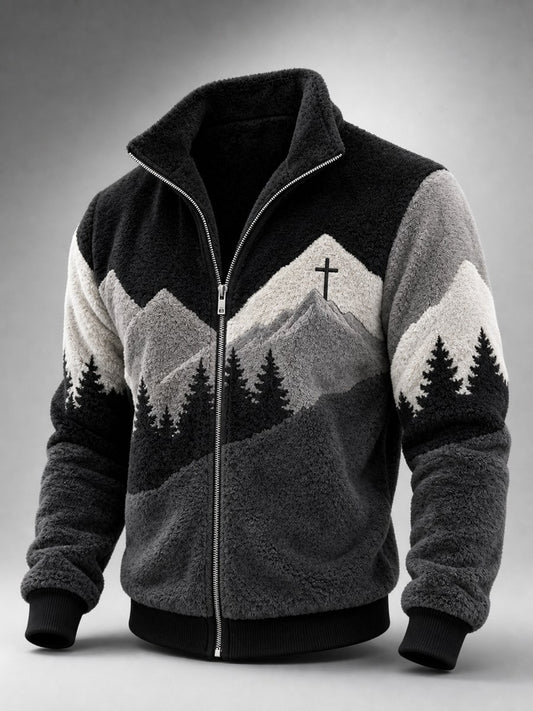 Men's Vintage Cross Mountains Forest Landscape Contrast Print Flannel Jacket
