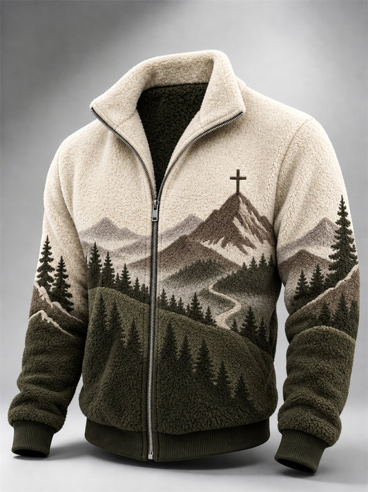 Men's Vintage Cross Mountains Forest Landscape Contrast Print Flannel Jacket1