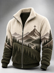 Men's Vintage Cross Mountains Forest Landscape Contrast Print Flannel Jacket1