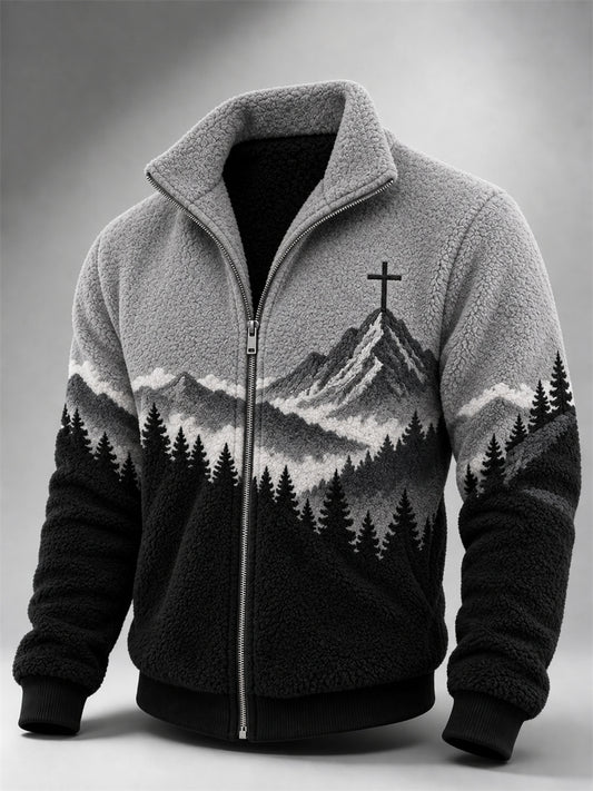 Men's Vintage Cross Mountains Forest Landscape Contrast Print Flannel Jacket2