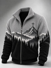 Men's Vintage Cross Mountains Forest Landscape Contrast Print Flannel Jacket2