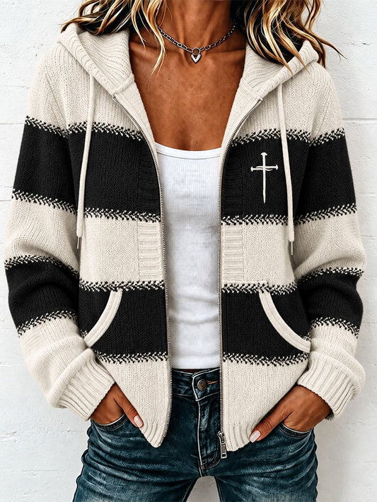 Women's Christian Art Cross Pattern Cozy Knit Hooded Cardigan