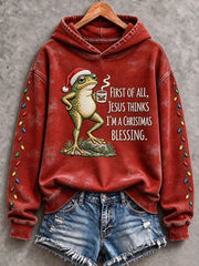 Women's First Of All Jesus Think's I'm A Christmas Blessing Print Regular Sweatshirt