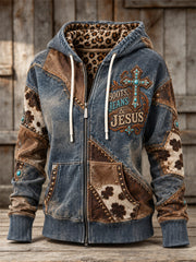 Women's Boots Jeans Jesus Western Christian Cross Denim Patchwork Print Full Zip Hoodie