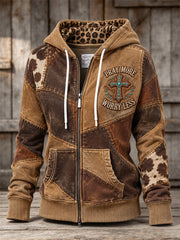 Women's Pray More Worry Less Western Christian Cross Patchwork Print Full Zip Hoodie