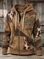Women's Vintage Western Christian Lyrics Cross Patchwork Print Full Zip Hoodie