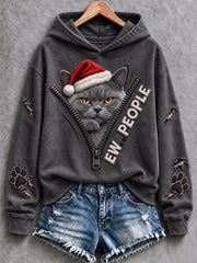 Women's Christmas Ew People Funny Cat Print Hoodie