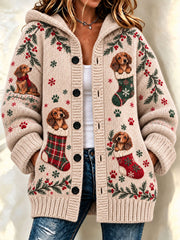 Women's  Christmas Funny Dog Art Composite Fleece Long Coat