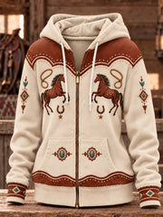 Women's Retro Western Horse Zip-Up Hoodie