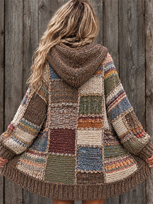 Women's Vintage Boho Colorful Striped Colorblock Print Composite Fleece Long Coat