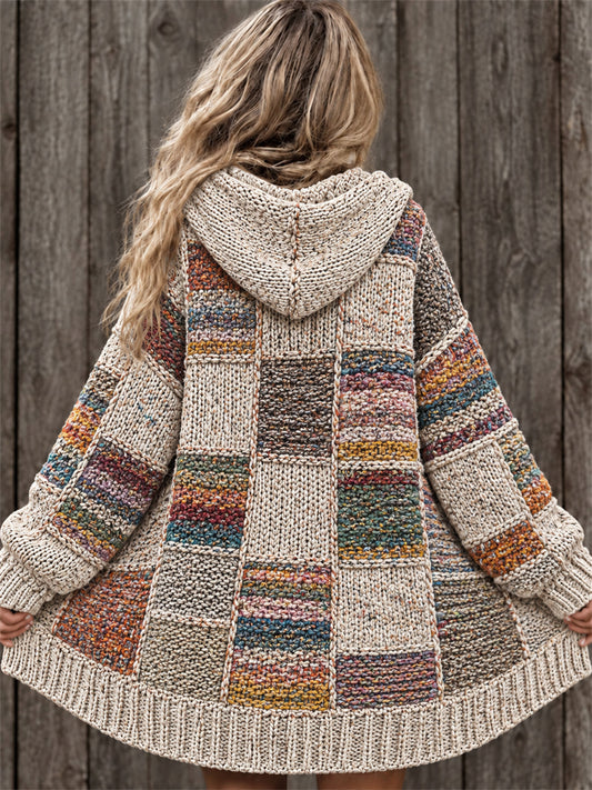Women's Vintage Boho Colorful Striped Colorblock Print Composite Fleece Long Coat