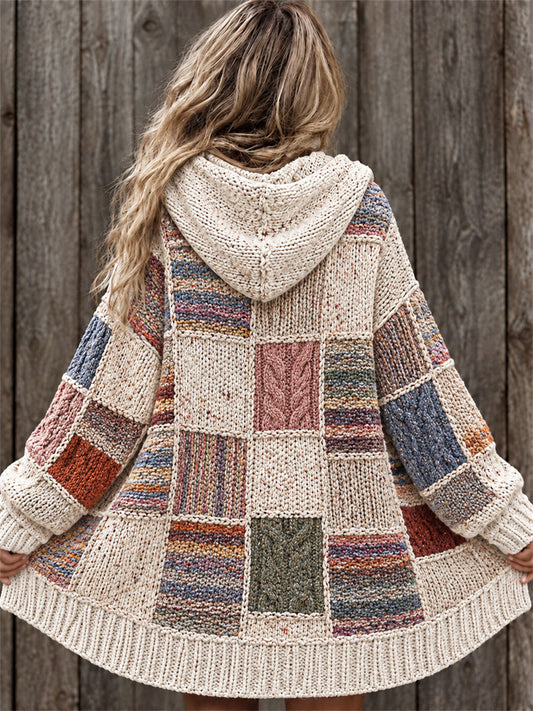 Women's Vintage Boho Colorful Striped Colorblock Print Composite Fleece Long Coat
